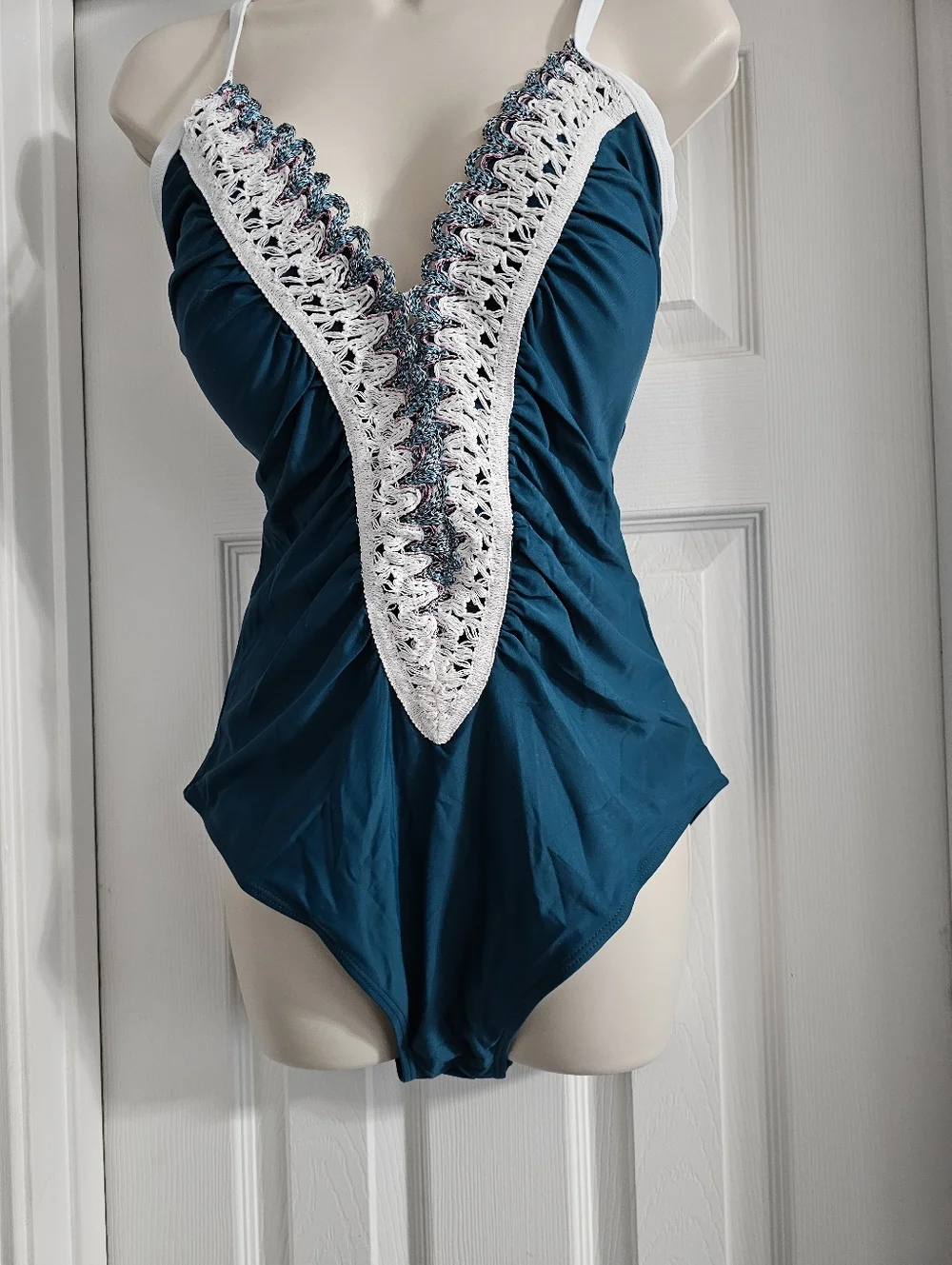 NWT Teal Crochet Lace One Piece Swimsuit XL Boho Beach Resortwear Bathing Suit